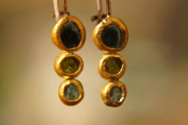 solid gold dangle earrings//blue green gem Earrings//24k Gold Dangle & Drop Earrings//spring color earrings//24k gold earrings//24k gold