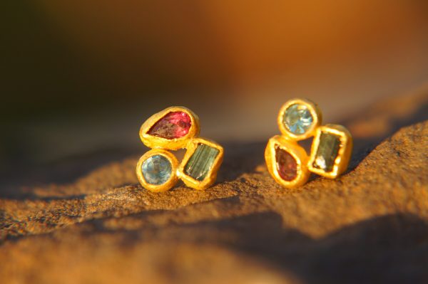 24k solid gold//tourmaline topaz rhodolite//24k gold studs//24k gold earrings//gold gem earrings //24k gold jewelry//one of a kind jewelry