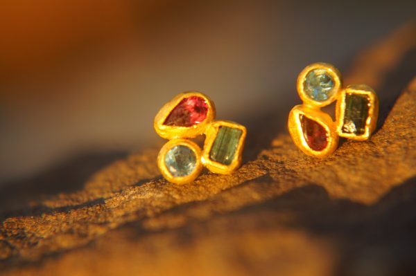 24k solid gold//tourmaline topaz rhodolite//24k gold studs//24k gold earrings//gold gem earrings //24k gold jewelry//one of a kind jewelry