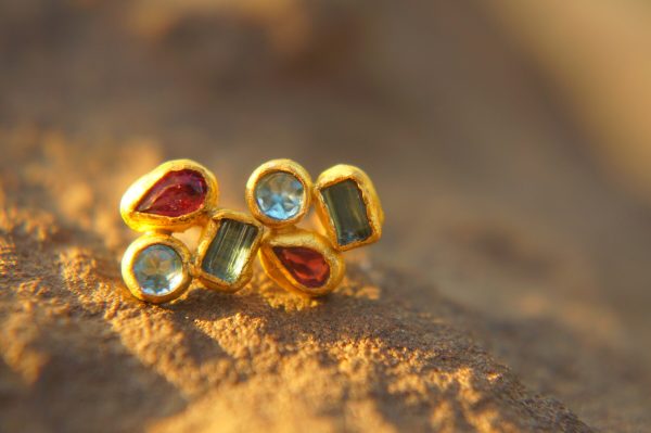 24k solid gold//tourmaline topaz rhodolite//24k gold studs//24k gold earrings//gold gem earrings //24k gold jewelry//one of a kind jewelry