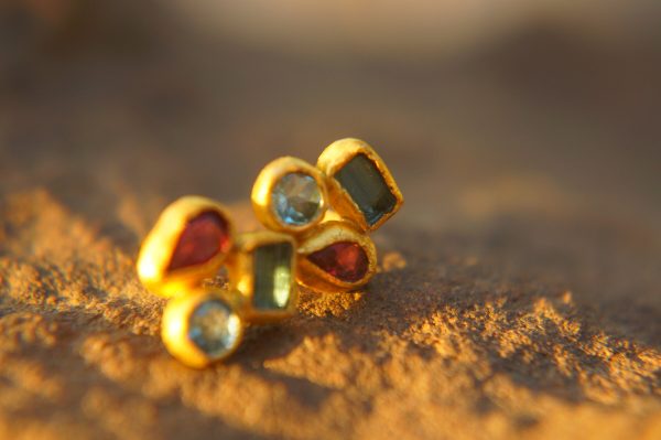 24k solid gold//tourmaline topaz rhodolite//24k gold studs//24k gold earrings//gold gem earrings //24k gold jewelry//one of a kind jewelry