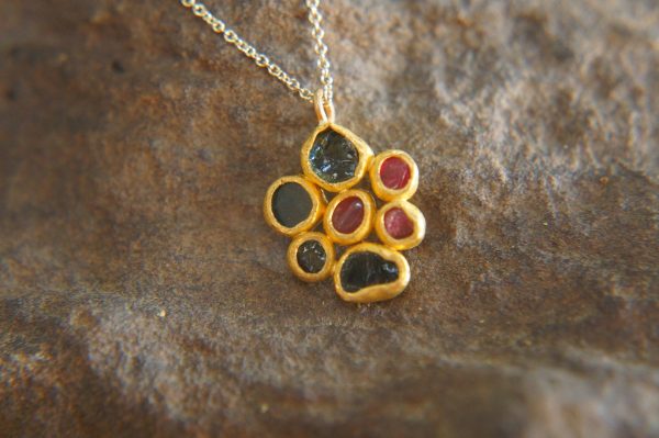 24k gold pendant//flower 22k gold //gold artisan charm//blue gold pendant//artisan gold pendant//tourmaline pendant charm//24k gold pendant