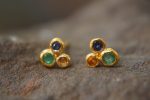 24k solid gold//orange sapphire & emerald//diamond sapphire Earrings//stud earrings//gold earrings//sapphire earrings //24k gold studs