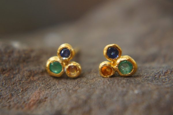 24k solid gold//orange sapphire & emerald//diamond sapphire Earrings//stud earrings//gold earrings//sapphire earrings //24k gold studs