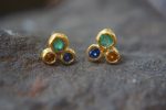 24k solid gold//orange sapphire & emerald//diamond sapphire Earrings//stud earrings//gold earrings//sapphire earrings //24k gold studs
