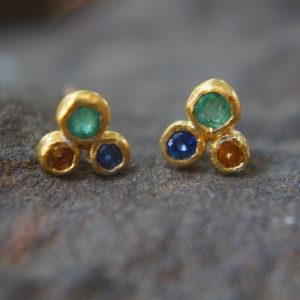 24k solid gold//orange sapphire & emerald//diamond sapphire Earrings//stud earrings//gold earrings//sapphire earrings //24k gold studs