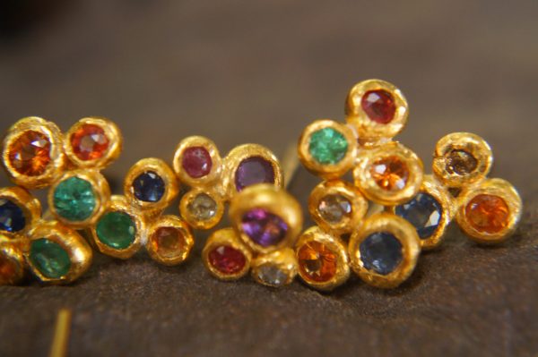 24k solid gold//orange sapphire & emerald//diamond sapphire Earrings//stud earrings//gold earrings//sapphire earrings //24k gold studs
