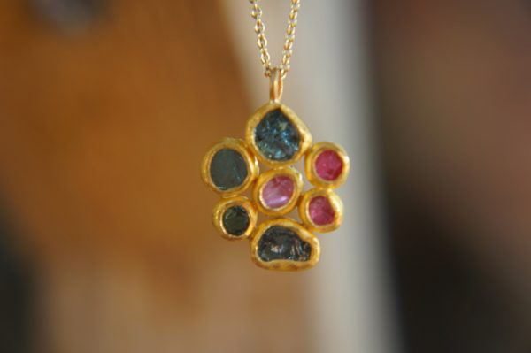 24k gold pendant//flower 22k gold //gold artisan charm//blue gold pendant//artisan gold pendant//tourmaline pendant charm//24k gold pendant