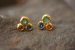 24k solid gold//orange sapphire & emerald//diamond sapphire Earrings//stud earrings//gold earrings//sapphire earrings //24k gold studs