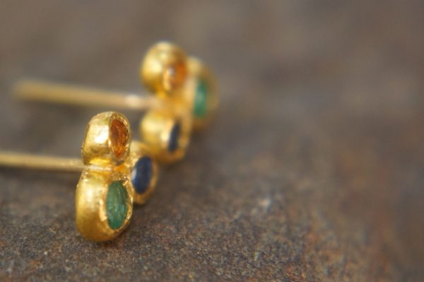 24k solid gold//orange sapphire & emerald//diamond sapphire Earrings//stud earrings//gold earrings//sapphire earrings //24k gold studs