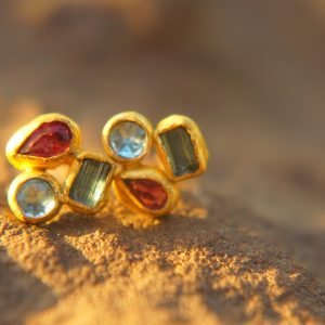 24k solid gold//tourmaline topaz rhodolite//24k gold studs//24k gold earrings//gold gem earrings //24k gold jewelry//one of a kind jewelry