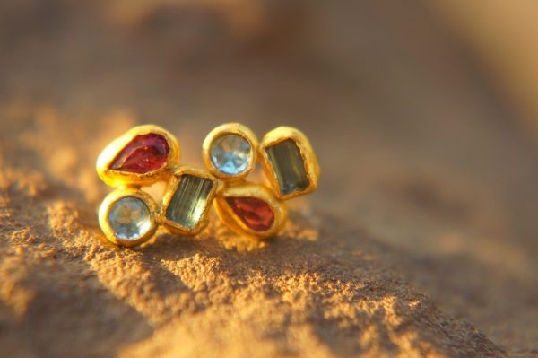 24k solid gold//tourmaline topaz rhodolite//24k gold studs//24k gold earrings//gold gem earrings //24k gold jewelry//one of a kind jewelry