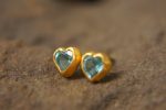 solid gold//blue topaz Studs//blue heart Earring//blue heart earrings//gold stud earrings//24k gold earrings//blue heart solid gold earrings