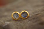 solid 22k gold -Rough blue sapphire  Earrings-stud earrings-22k gold earrings-  rough blue  sapphire earrings- raw sapphire earrings studs