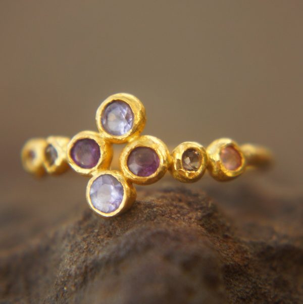 mult stone gold ring//artisan solid gold ring//multicolor ring//artisan engagement ring//24k gold ring//tanzanite gold ring//pink tourmaline