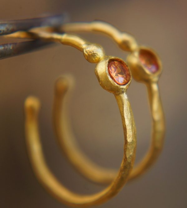 24k gold hoop earring//blue topaz hoop earring//24k gold jewelry//handmade artisan hoop earring//artisan fine gold hoops//unique rustic hoop