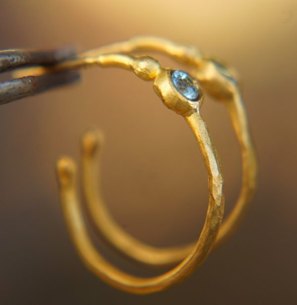 24k gold hoop earring//blue topaz hoop earring//24k gold jewelry//handmade artisan hoop earring//artisan fine gold hoops//unique rustic hoop