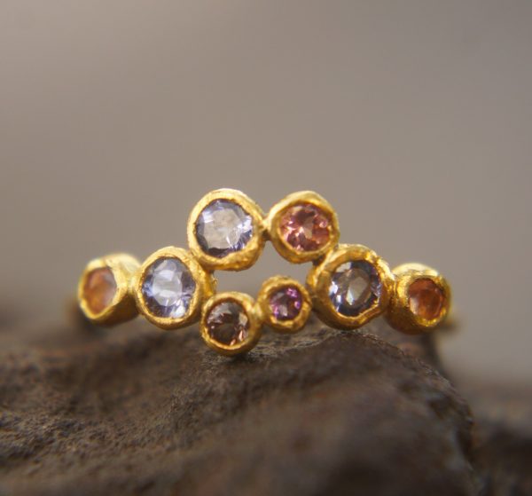 mult stone gold ring//artisan solid gold ring//multicolor ring//artisan engagement ring//24k gold ring//tanzanite gold ring//pink tourmaline