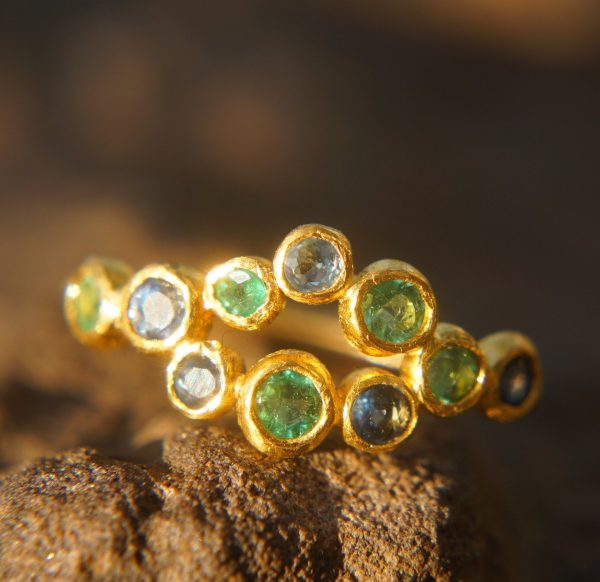sapphire gold ring//artisan emerald ring//emerald sapphire ring//engagement earrings//24k gold ring//emerald gold ring//24k gold earring
