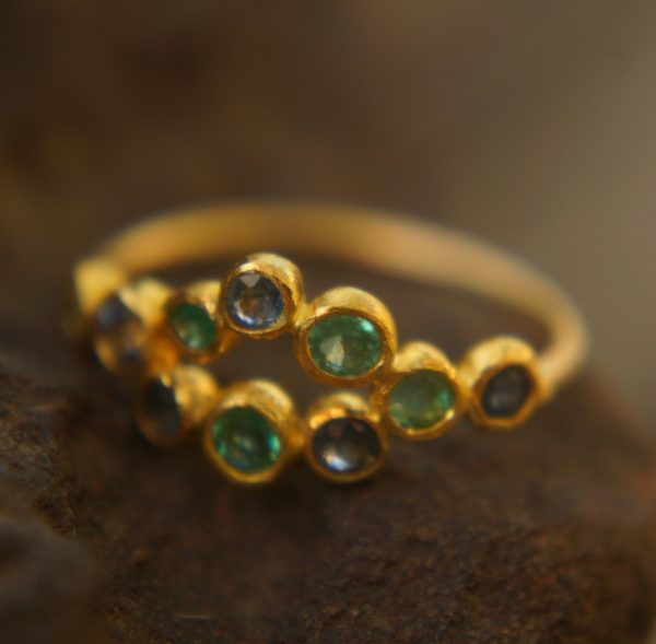 sapphire gold ring//artisan emerald ring//emerald sapphire ring//engagement earrings//24k gold ring//emerald gold ring//24k gold earring