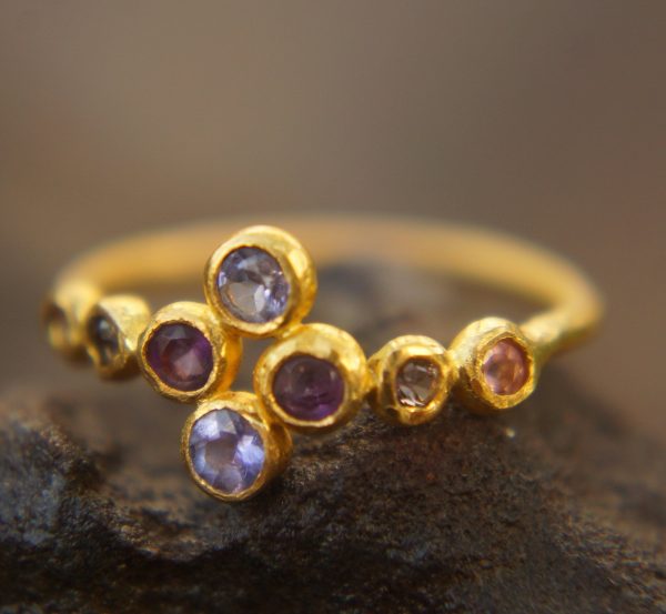 mult stone gold ring//artisan solid gold ring//multicolor ring//artisan engagement ring//24k gold ring//tanzanite gold ring//pink tourmaline