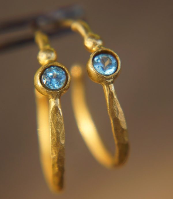 24k gold hoop earring//blue topaz hoop earring//24k gold jewelry//handmade artisan hoop earring//artisan fine gold hoops//unique rustic hoop