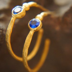 sapphire gold hoop earring//gold hoop earring//24k gold jewelry//handmade artisan hoop earring//artisan fine gold hoops//unique rustic hoop
