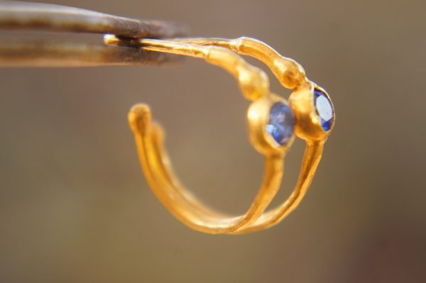 sapphire gold hoop earring//gold hoop earring//24k gold jewelry//handmade artisan hoop earring//artisan fine gold hoops//unique rustic hoop