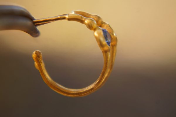 sapphire gold hoop earring//gold hoop earring//24k gold jewelry//handmade artisan hoop earring//artisan fine gold hoops//unique rustic hoop