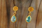 tiny gold dangle//24k topaz earring//blue drop gold earrings//24k gold drop earrings//blue topaz gold earrings//artisan rustic short dangle
