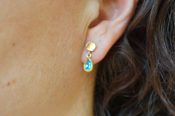 tiny gold dangle//24k topaz earring//blue drop gold earrings//24k gold drop earrings//blue topaz gold earrings//artisan rustic short dangle