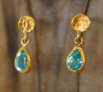tiny gold dangle//24k topaz earring//blue drop gold earrings//24k gold drop earrings//blue topaz gold earrings//artisan rustic short dangle