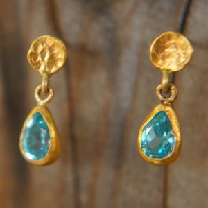 tiny gold dangle//24k topaz earring//blue drop gold earrings//24k gold drop earrings//blue topaz gold earrings//artisan rustic short dangle