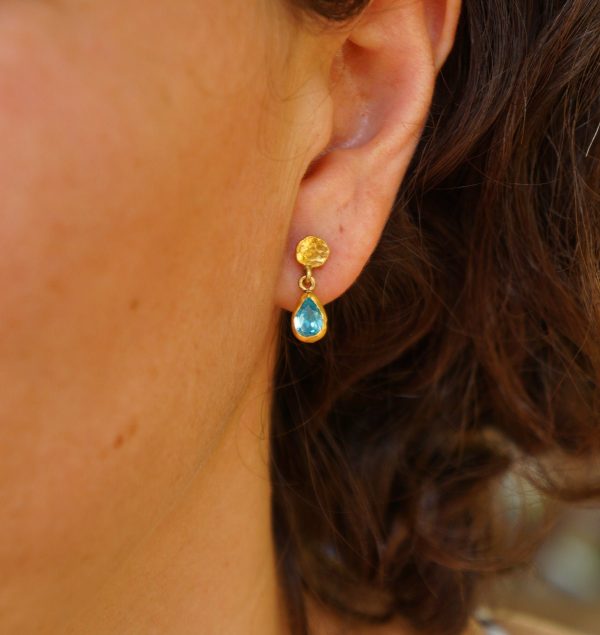 tiny gold dangle//24k topaz earring//blue drop gold earrings//24k gold drop earrings//blue topaz gold earrings//artisan rustic short dangle