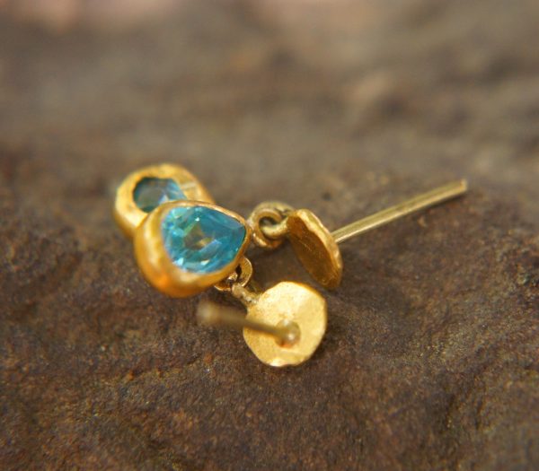 tiny gold dangle//24k topaz earring//blue drop gold earrings//24k gold drop earrings//blue topaz gold earrings//artisan rustic short dangle