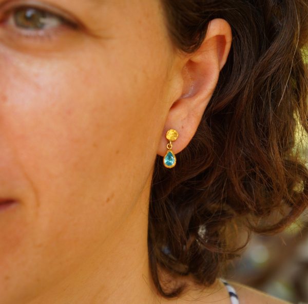 tiny gold dangle//24k topaz earring//blue drop gold earrings//24k gold drop earrings//blue topaz gold earrings//artisan rustic short dangle