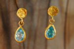 tiny gold dangle//24k topaz earring//blue drop gold earrings//24k gold drop earrings//blue topaz gold earrings//artisan rustic short dangle