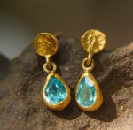 tiny gold dangle//24k topaz earring//blue drop gold earrings//24k gold drop earrings//blue topaz gold earrings//artisan rustic short dangle