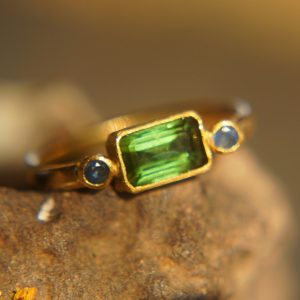 green tourmaline ring,blue sapphire ring, 24k gold ring, unique engagement earrings, 24k gold gem ring, gold tourmaline sapphire