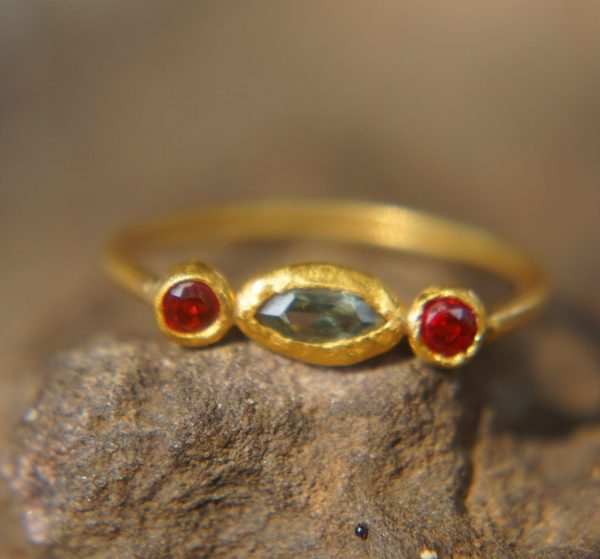 Blue sapphire ring//artisan aquamarine ring//aquamarine 24k ring//24k gold ring//24k gold sapphire ring//gold sapphire aquamarine