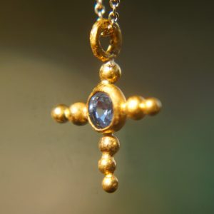 24k gold pendant//gold cross//gold artisan sapphire// sapphire gold pendant// sapphire gold cross// sapphire 24k cross//artisan gold cross