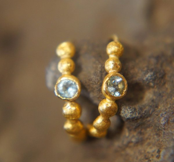 24k gold hoop earring//blue aquamarine hoop earring//24k gold jewelry//handmade artisan hoop earring//artisan gold hoops//unique rustic hoop