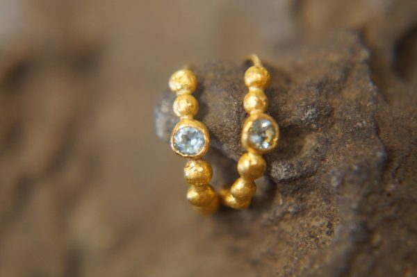 24k gold hoop earring//blue aquamarine hoop earring//24k gold jewelry//handmade artisan hoop earring//artisan gold hoops//unique rustic hoop