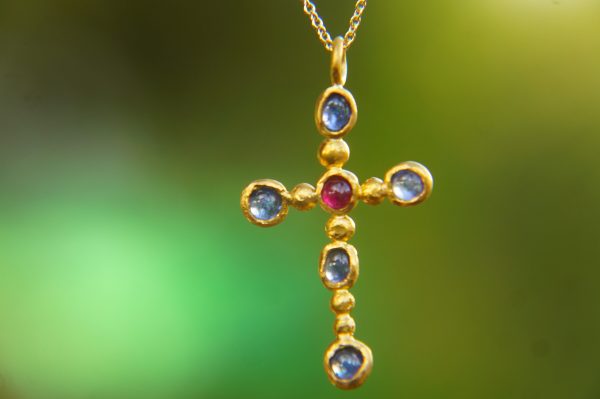24k gold cross//gold sapphire cross//gold artisan ruby//Ruby cross pendant//blue sapphire gold cross//ruby 24k cross//artisan gold cross