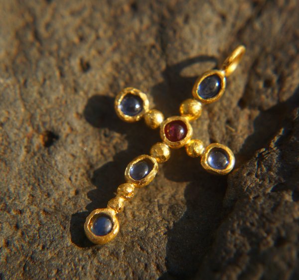24k gold cross//gold sapphire cross//gold artisan ruby//Ruby cross pendant//blue sapphire gold cross//ruby 24k cross//artisan gold cross