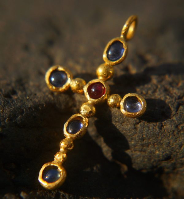 24k gold cross//gold sapphire cross//gold artisan ruby//Ruby cross pendant//blue sapphire gold cross//ruby 24k cross//artisan gold cross