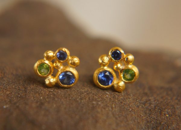 24k gold jewelry//blue sapphire studs//24k gold Studs//24k gold earrings//green tzavorite earrings//sapphire gold earrings//solid gold studs