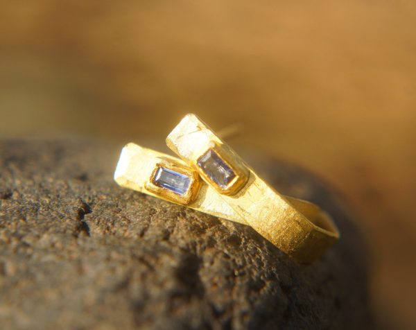 sapphire gold hoops, 22k solid gold, hand made artisan gold hoops. gold small hoops, gold with sapphire earrings, blue sapphire gold hoops