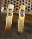 sapphire gold hoops, 22k solid gold, hand made artisan gold hoops. gold small hoops, gold with sapphire earrings, blue sapphire gold hoops