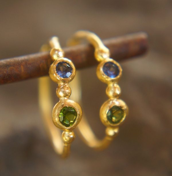 blue sapphire gold hoops, 24k solid gold earrings, hand made artisan gold hoops, small hoops gold with sapphire earrings, organic gold hoops